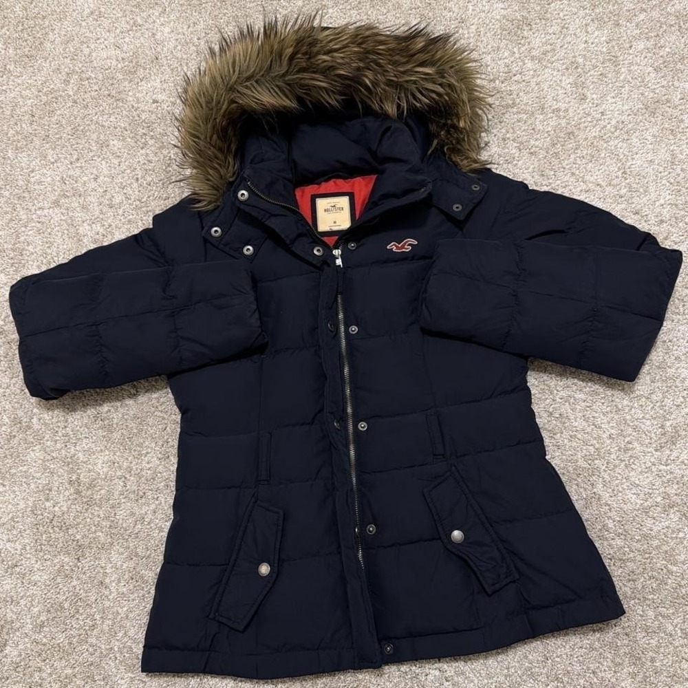 Y2K Vintage Hollister Faux Fur Hood Puffer Jacket |‎ Navy Blue | Medium